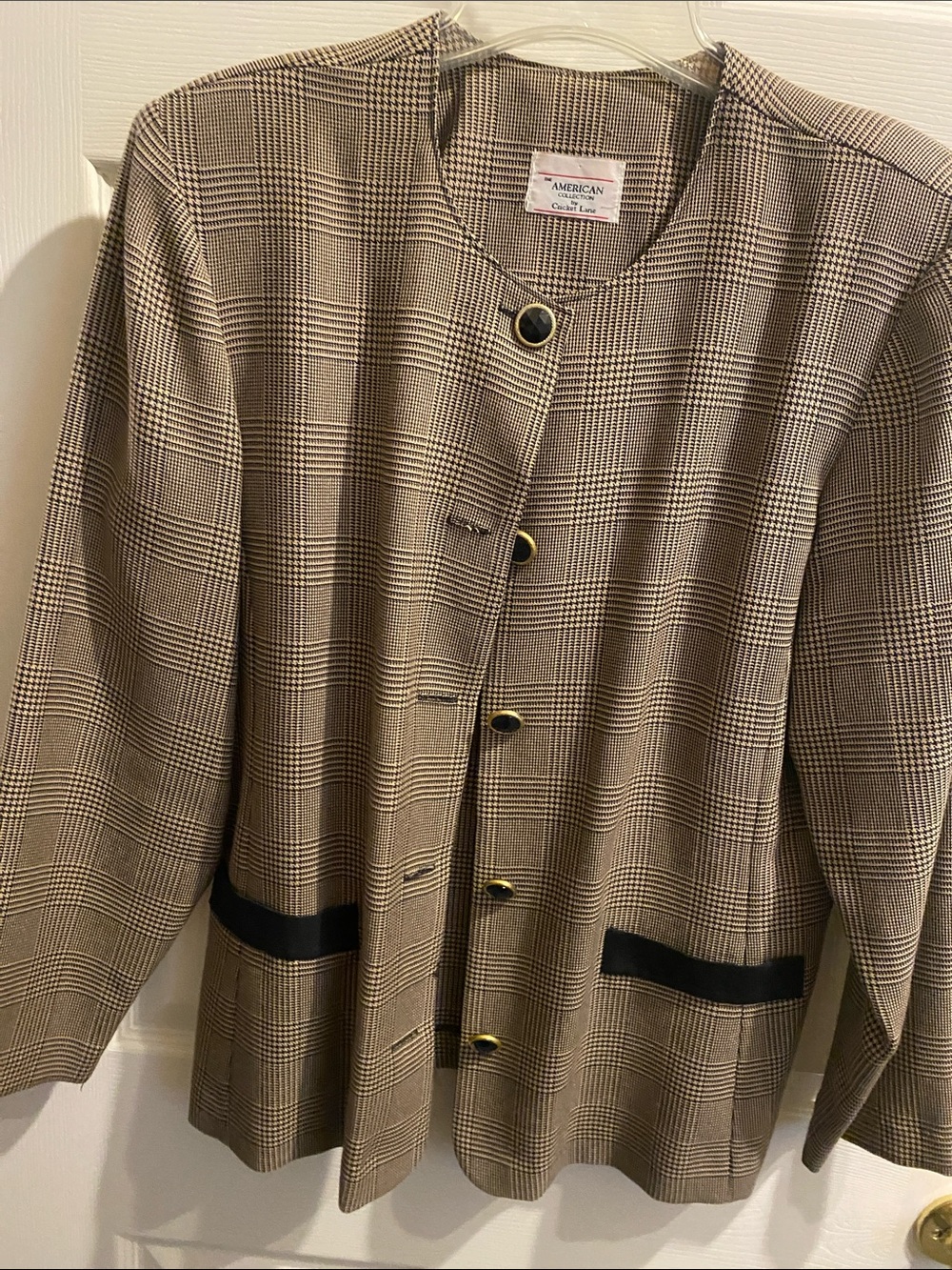 Plaid Round-Neck Blazer in Brown and Black Trim